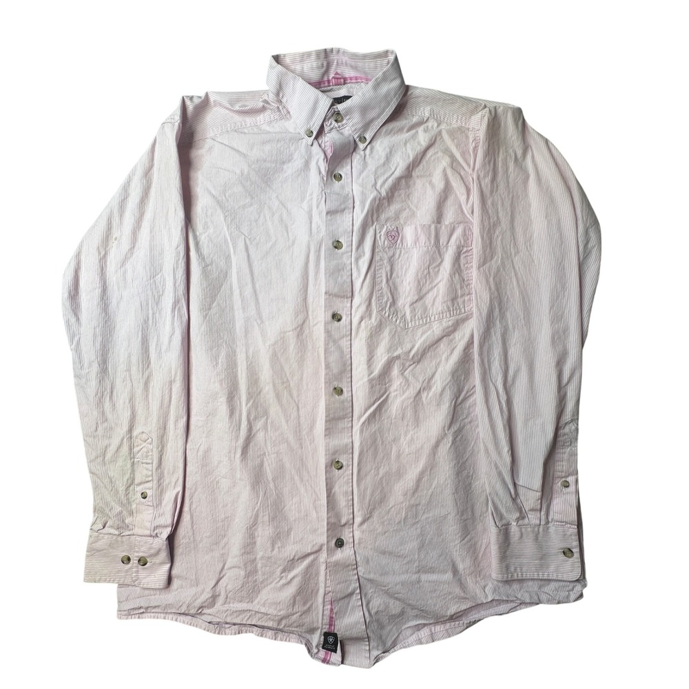 Ariat Button Down Shirt Mens L Pink Pro Series Striped Long Sleeve Performance